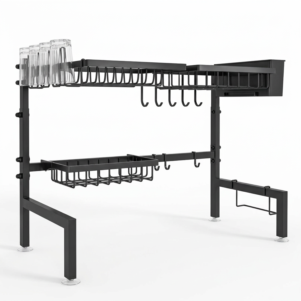 Black over-sink dish drying rack on white background