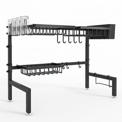 Black over-sink dish drying rack on white background