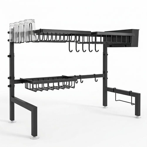 Black over-sink dish drying rack on white background