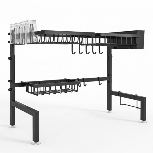 Black over-sink dish drying rack on white background