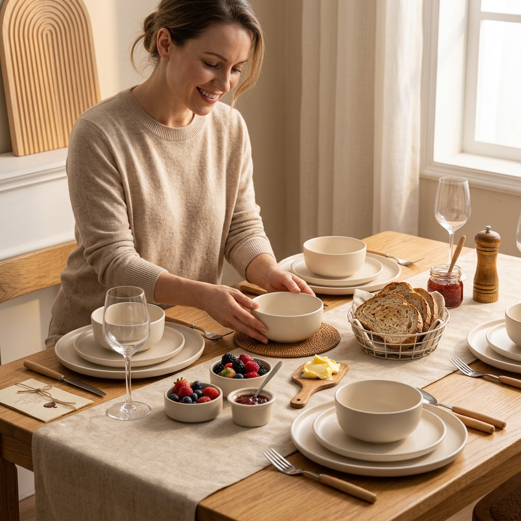 Woman setting a breakfast table with ivory ceramic dinnerware