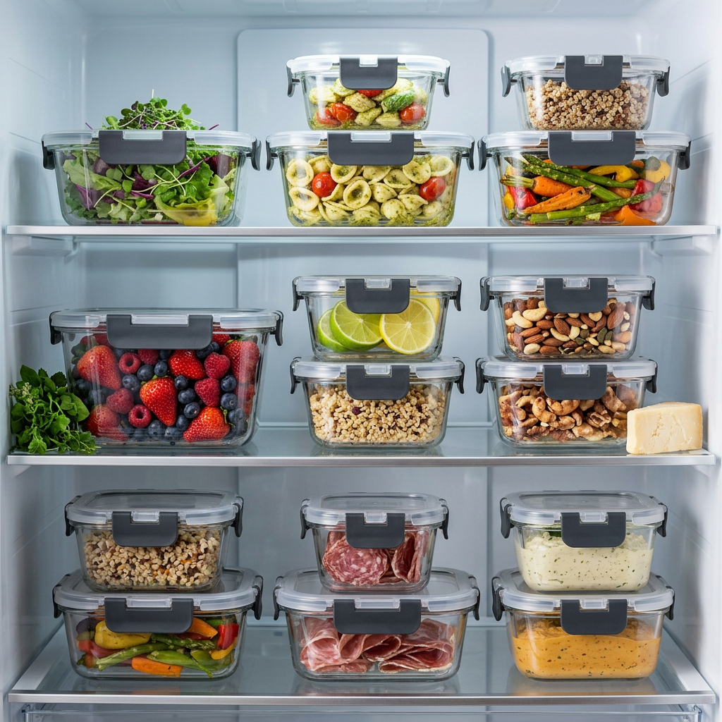 Glass containers organizing food in refrigerator