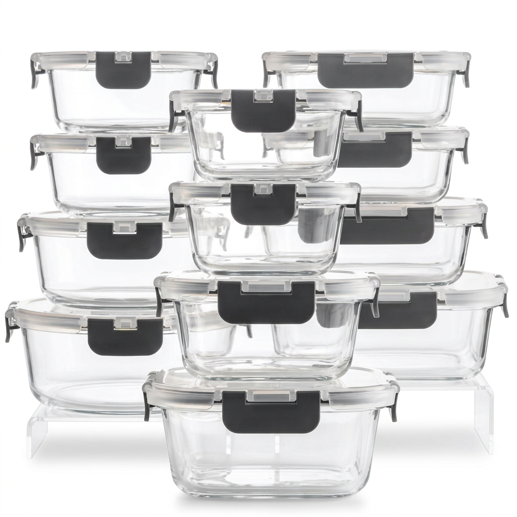 Glass food storage container set on white background
