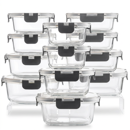 Glass food storage container set on white background