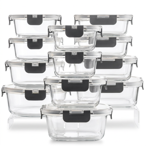Glass food storage container set on white background