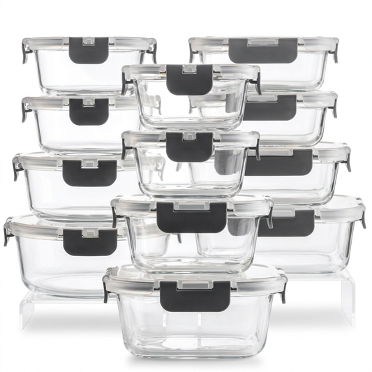 Glass food storage container set on white background