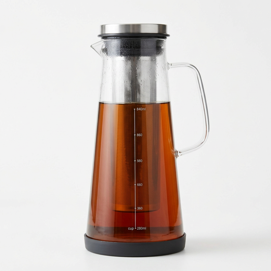 Glass cold brew coffee pitcher with mesh filter on white background