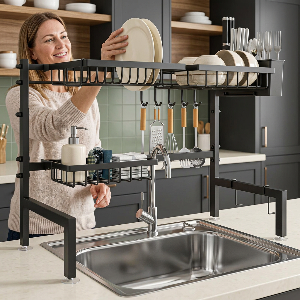 Woman placing a clean plate in the dish rack