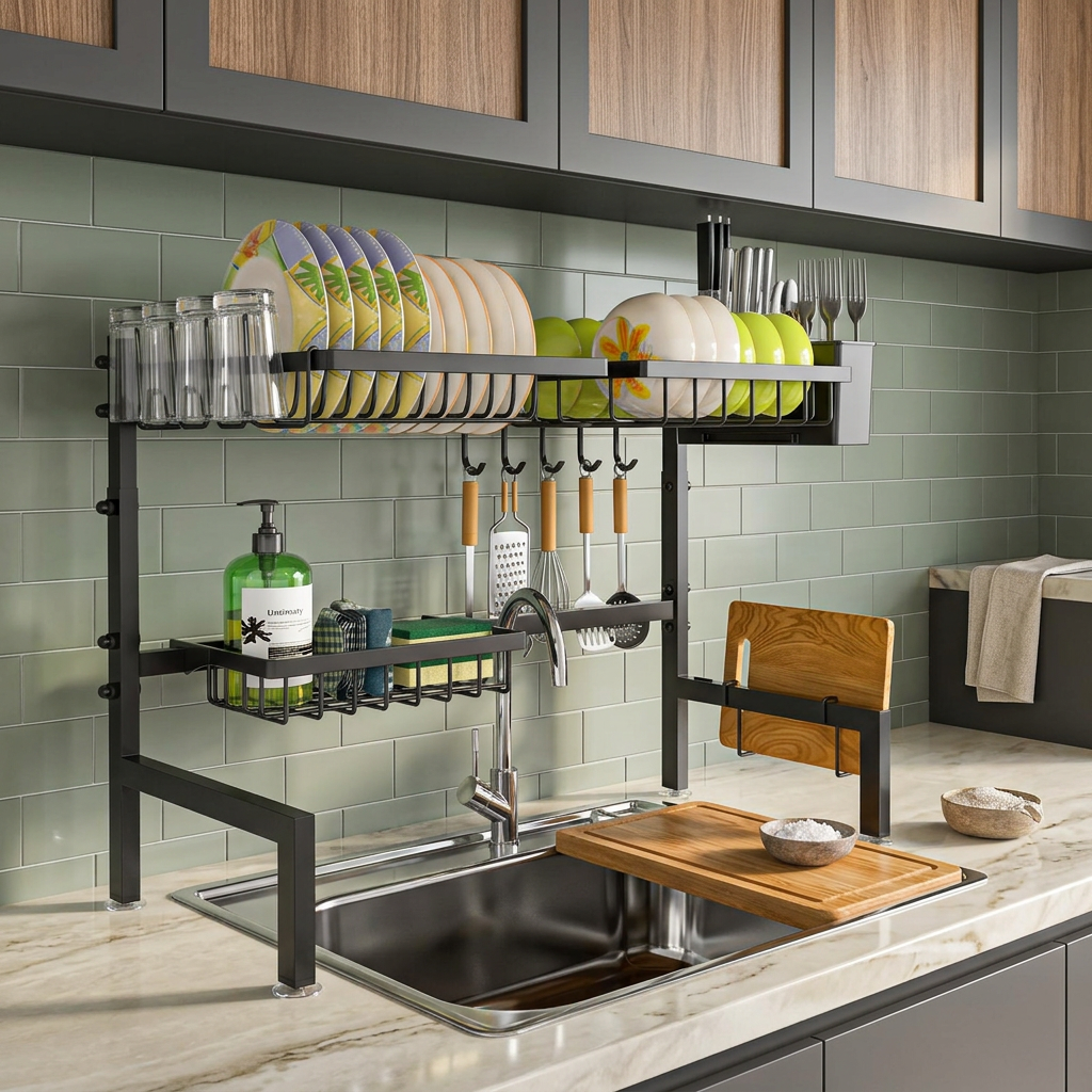 Organized kitchen sink with overhead drying rack