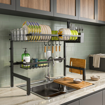 Organized kitchen sink with overhead drying rack