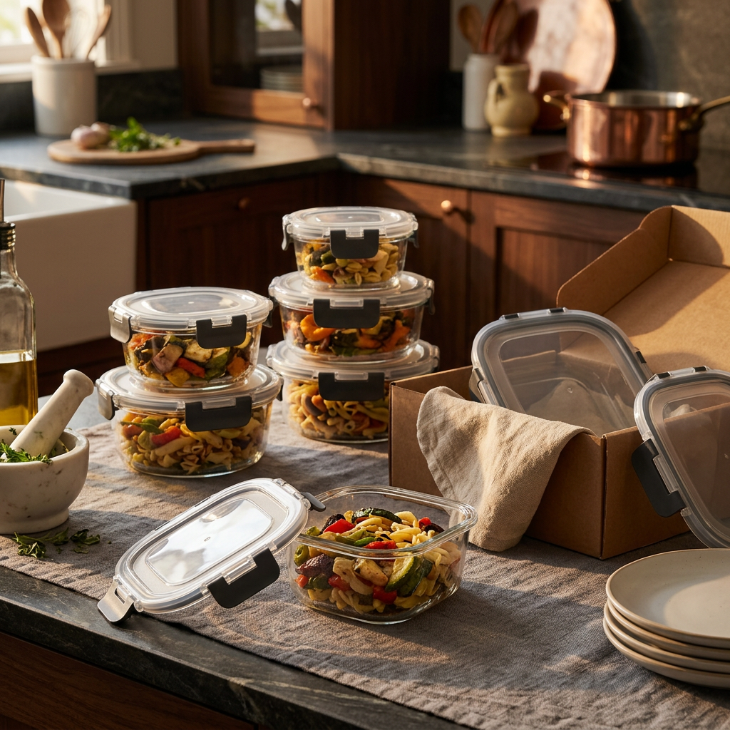 After-dinner food organization on kitchen counter