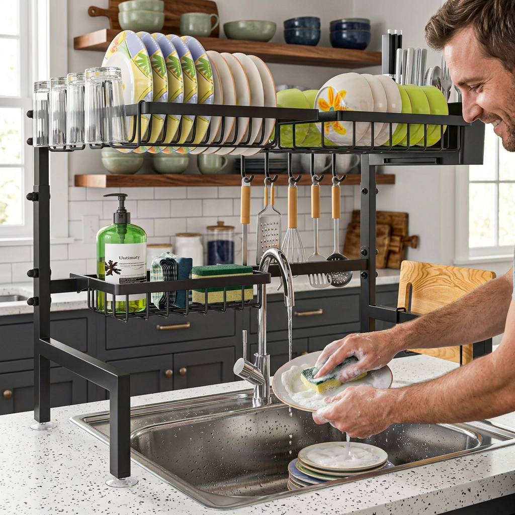 Man washing dishes beneath an over-sink rack