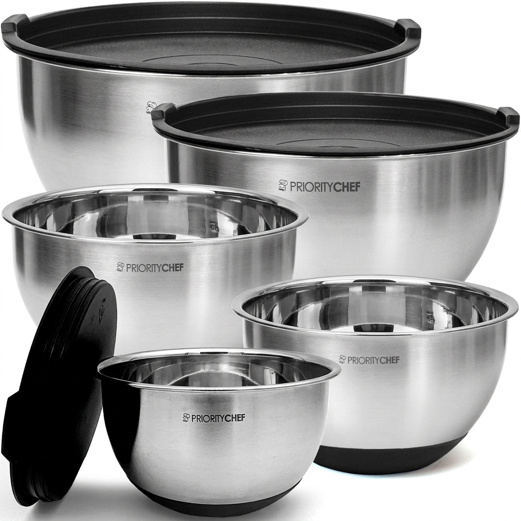 Stainless steel mixing bowl set with black lids on white background