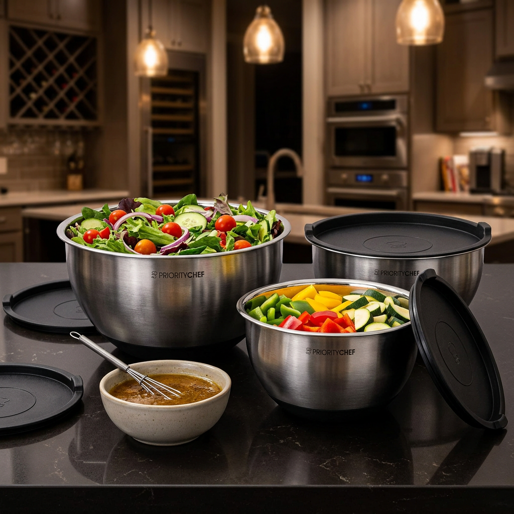 Evening meal preparation with matching mixing bowls and lids