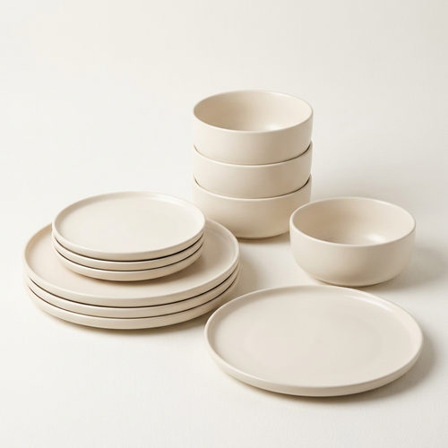 Warm ivory ceramic plates and bowls on white background