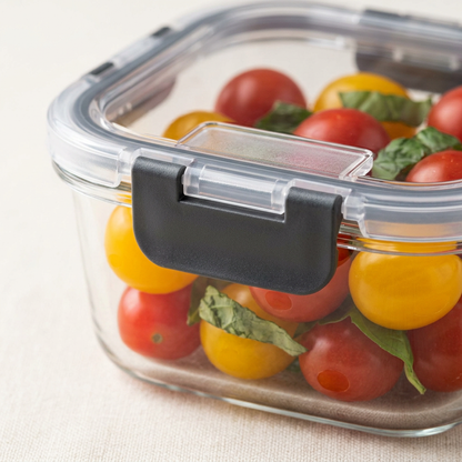 Clear container lid and dark clip detail