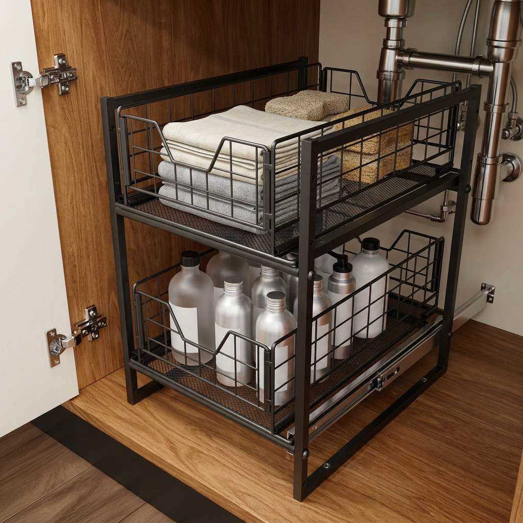 Two-tier organizer in kitchen sink cabinet