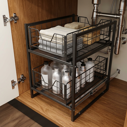 Two-tier organizer in kitchen sink cabinet