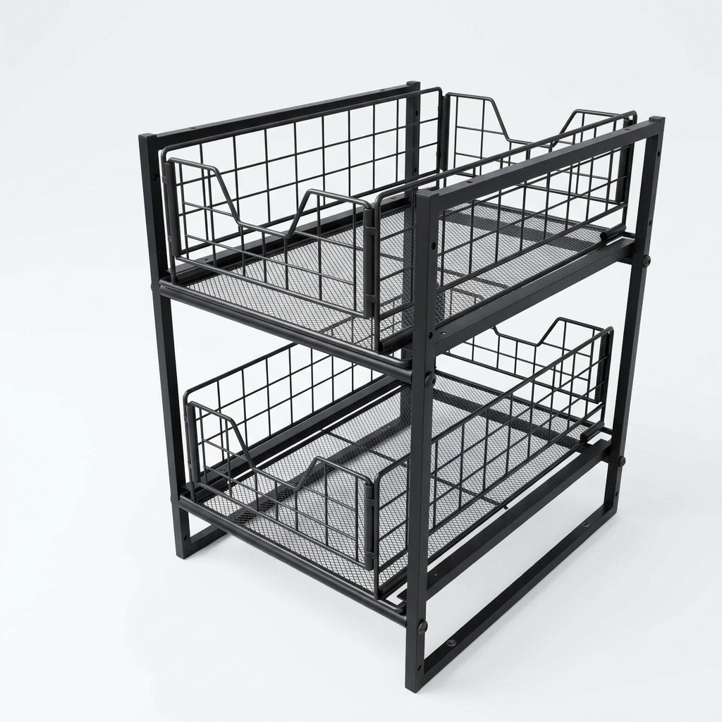 Black two-tier pull-out organizer on white background