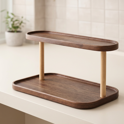 Two-tier open shelf structure detail