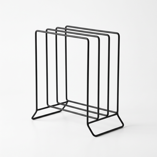 Black vertical cutting board organizer on white background