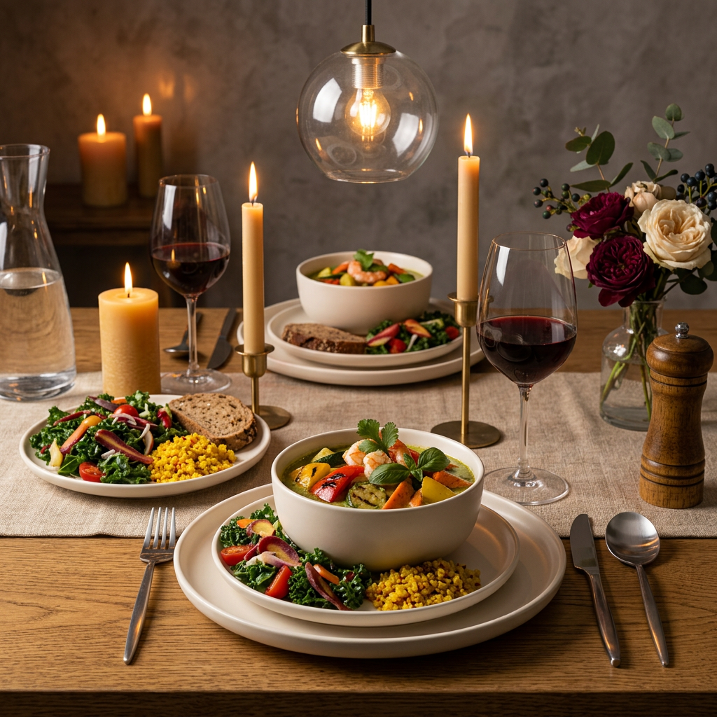 Evening dinner table with coordinated ivory plates and bowls