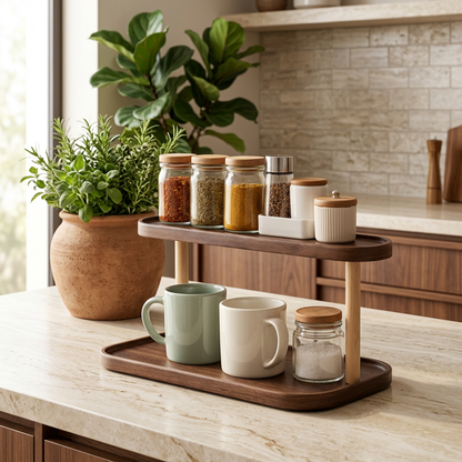 Two-tier kitchen spice and mug storage