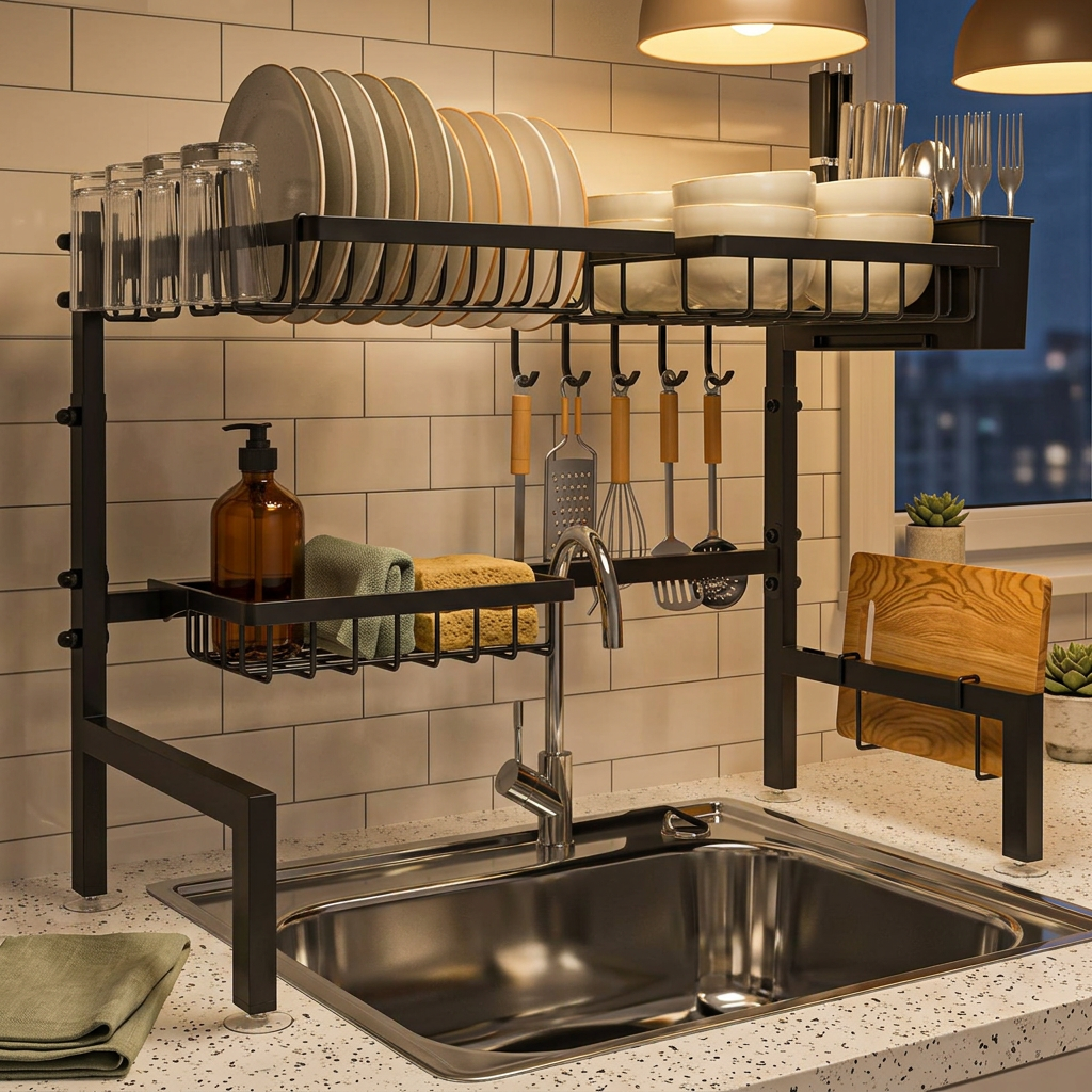 Evening dish drying setup after dinner
